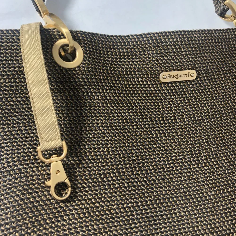ERIC JAVITZ Black & Metallic Gold Woven Tote, Chunky Gold Accents, Medium Size - Picture 10 of 16